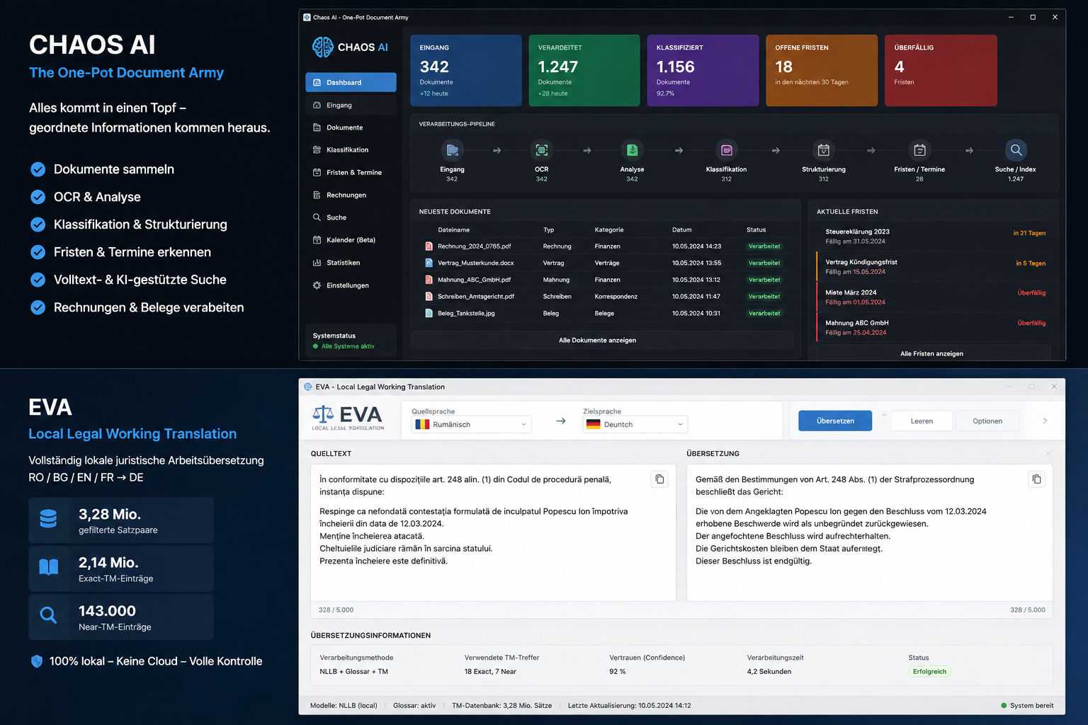 Visualisierung der lokalen Softwareprojekte Chaos AI und EVA